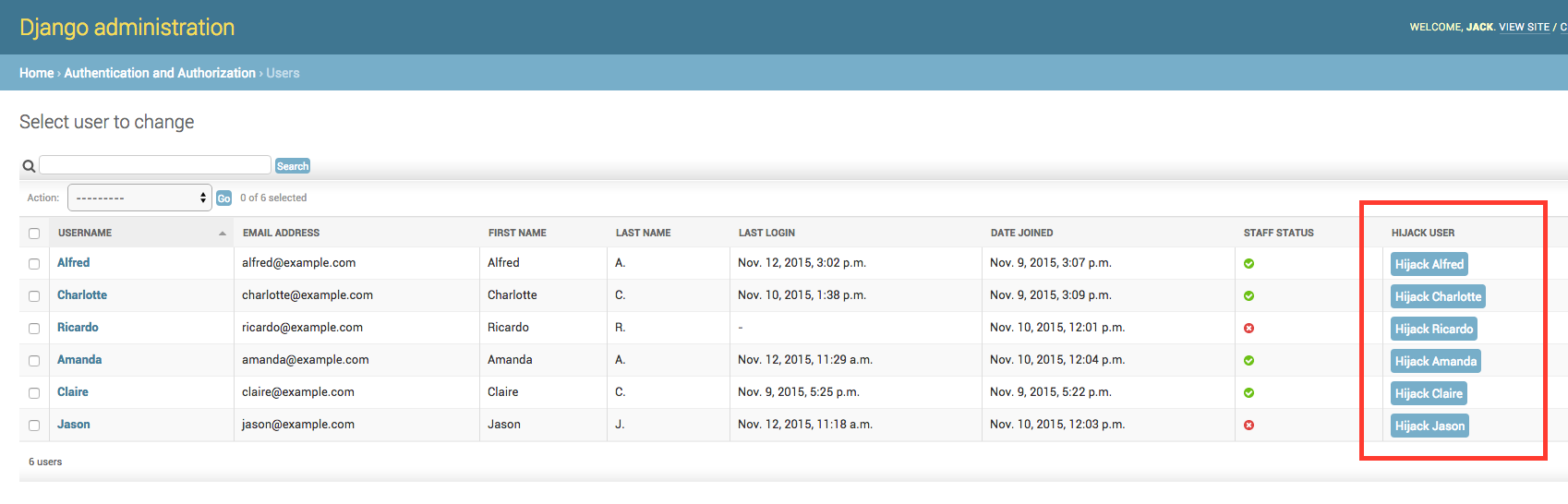 Screenshot of the django admin user list with a hijack column